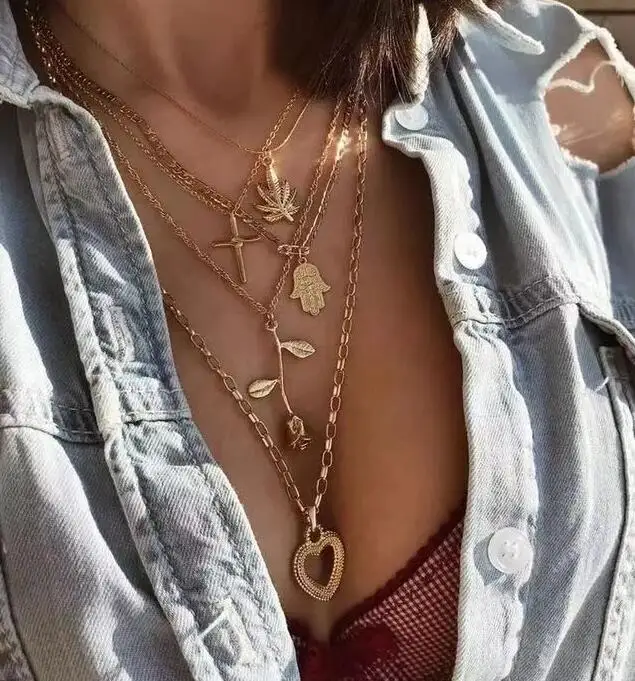 Multilayers Leaf Cross Heart Layered Necklaces Egyptian Pharaoh  Party Jewelry Women Gold Chain