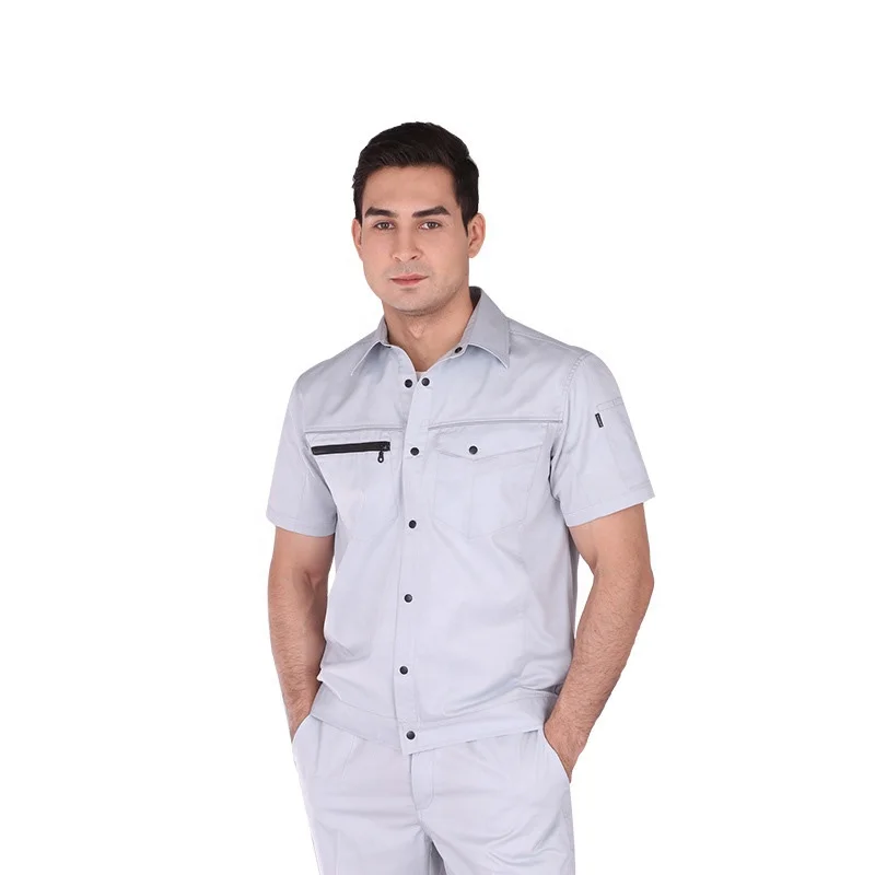 Summer Durable Breathable Labor Work Wear Button Up Short Sleeve Turn Over Collar Grey White Polo Shirt Jacket Cargo Pant Set