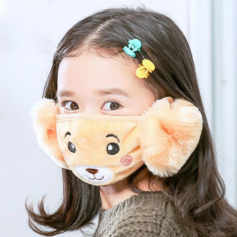 Custom New Design Washable Warm Plush Earmuffs Bear Cartoon Kids Children Face Mask