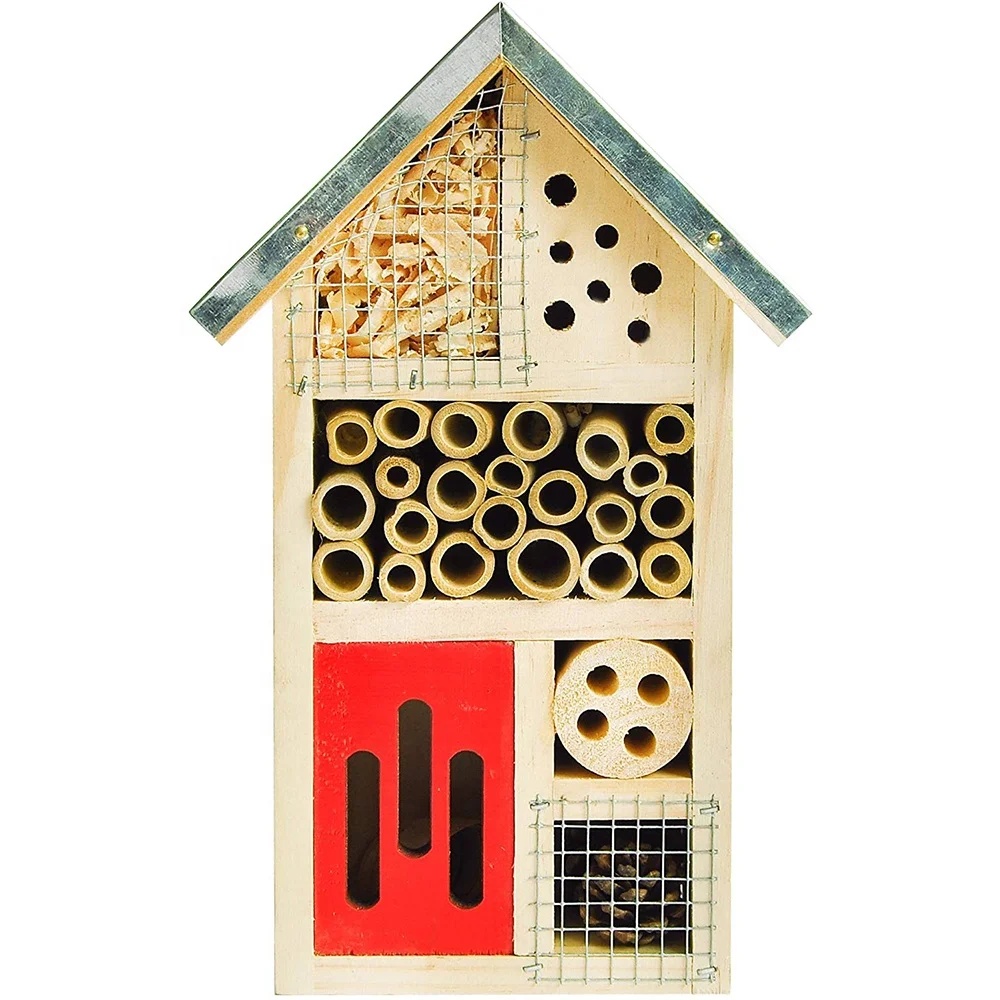 Wooden Insect Hotel with Metal Roof, Bee House with metal Roof, solitary bee hotel for garden
