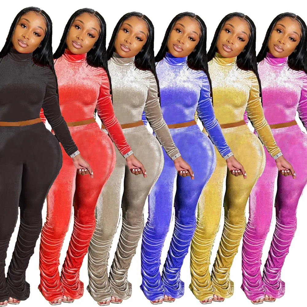 
Wholesale new trendy 2020 winter clothes for women velvet turtleneck pleat flare pants plus size two piece set 