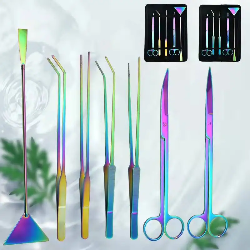 6pcs Color titanium Stainless Steel Premium Aquarium Tools Aquatic Plant Tweezers Scissors Spatula Kits Cleaning fish tank tools