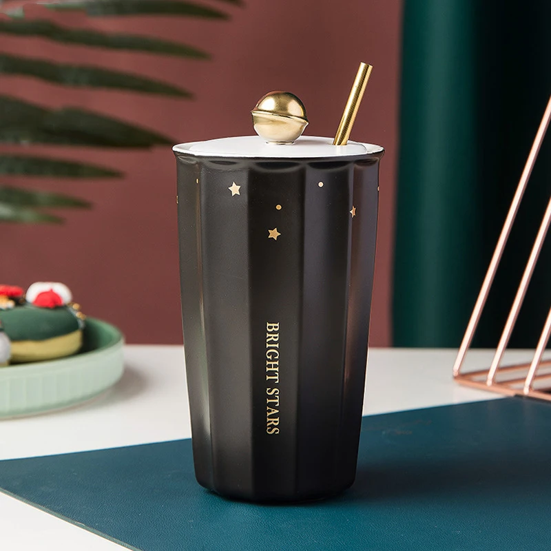 Nordic fashion simple with lid ceramic cup creative double-layer insulation with straw men and women couple mugs