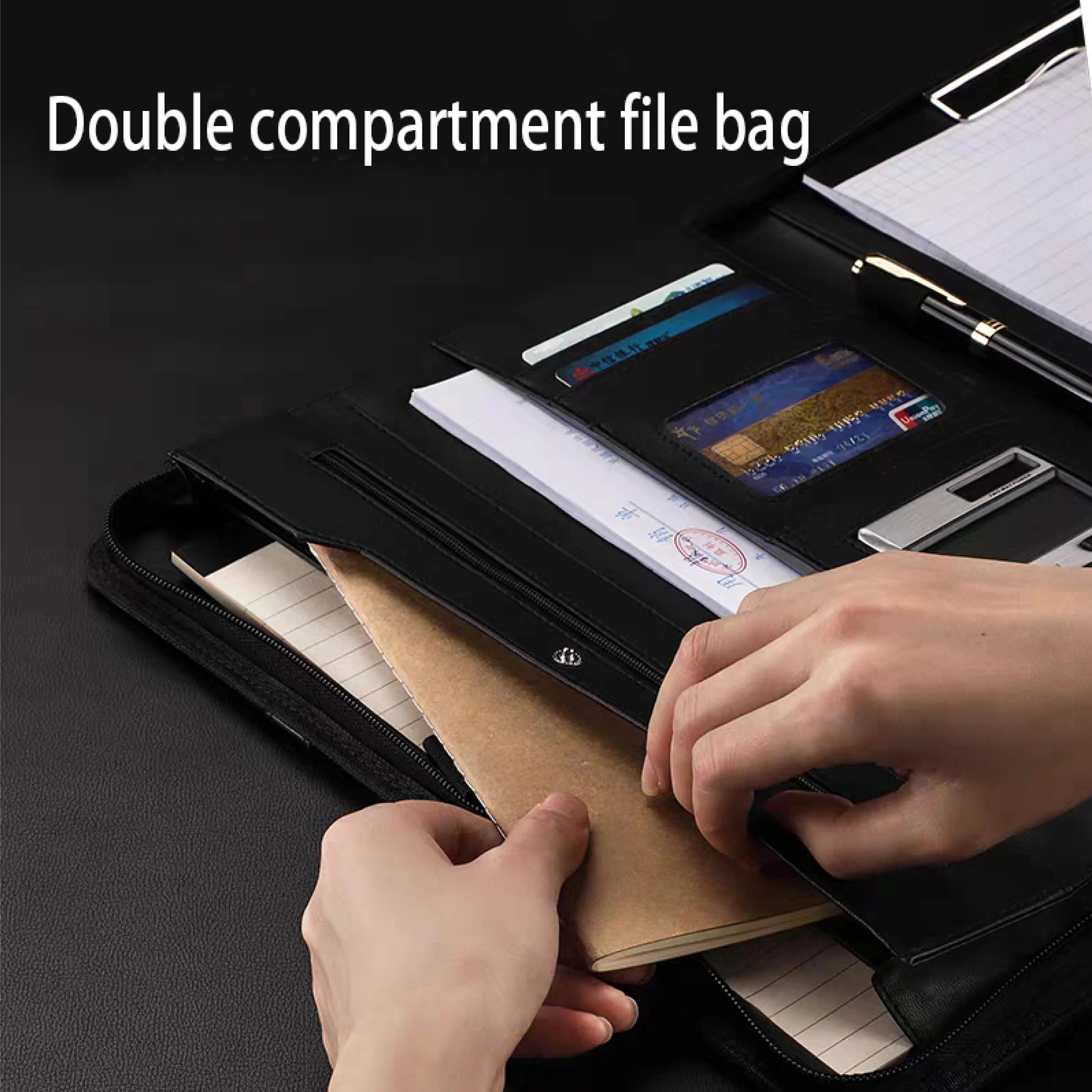 Custom logo briefcase A4 pu leather notebook portfolio business office calculator stationery zipper file folder