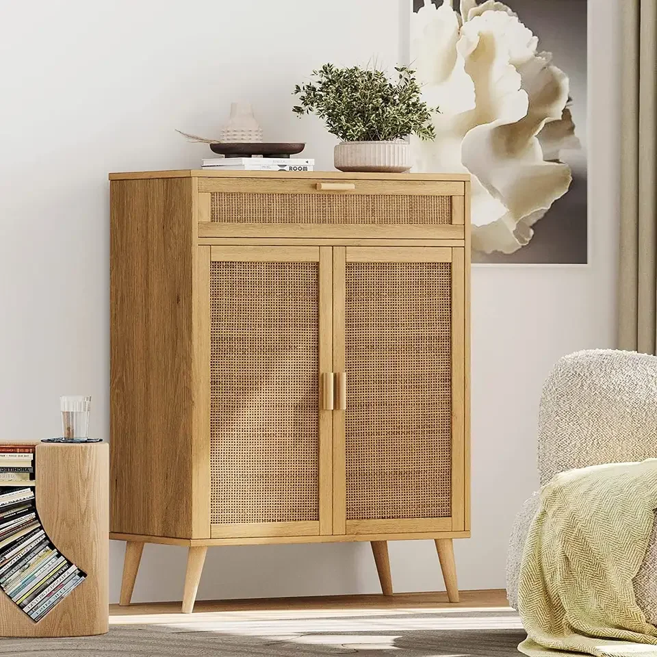 wooden independent storage cabinet with rattan door and large drawer for home storage and decor 2 door rattan storage cabinet