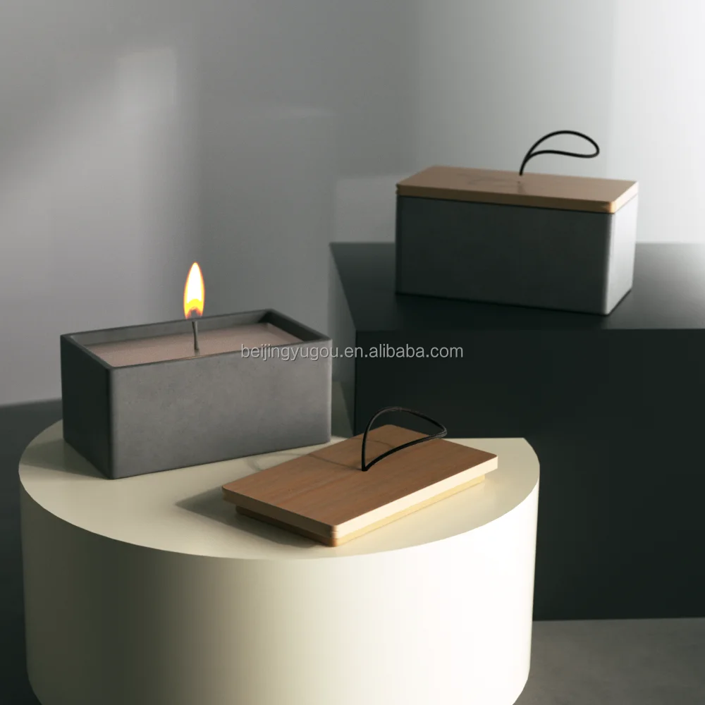 50oz Nordic Custom Cement Candle Vesel Candle Holder Luxury Empty Stone Concrete Large Square Big Candle Jars With Bamboo Lid
