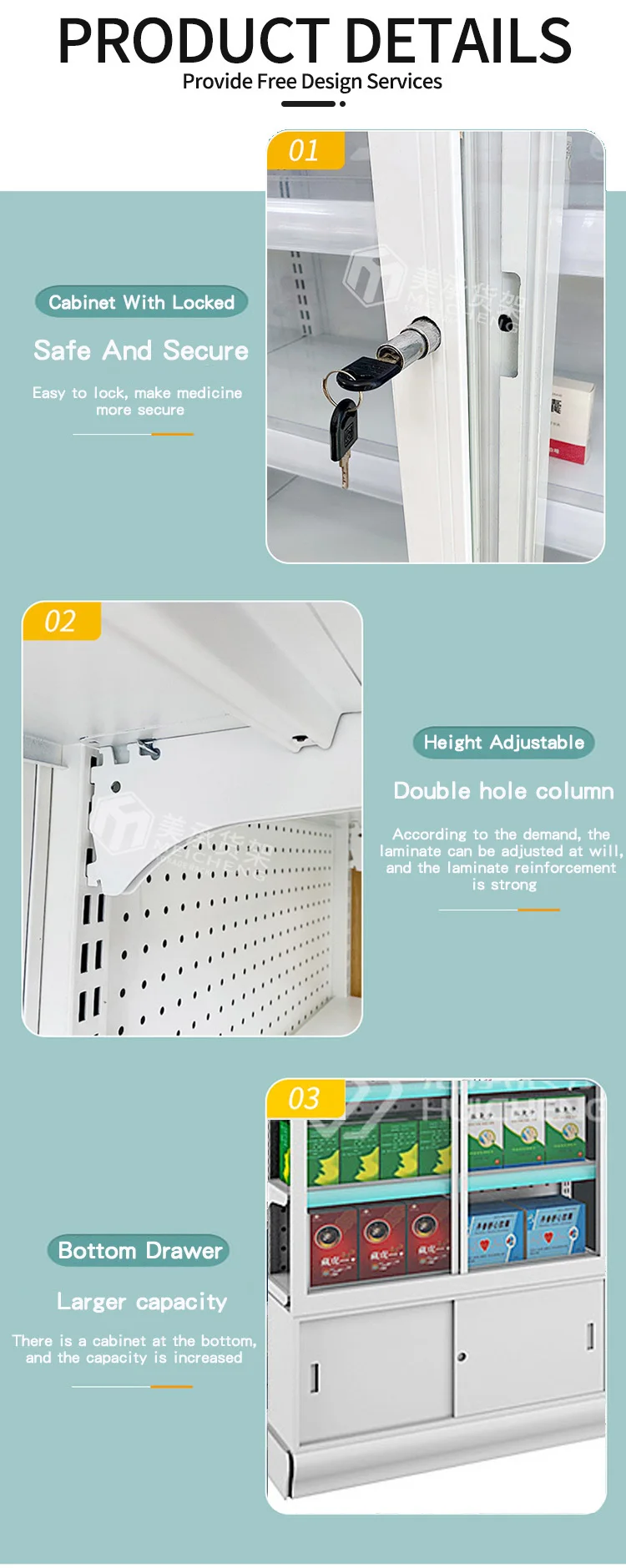 Meicheng Pharmacy Medicine Display Shelves Western Medicine Pharmacy Prescription Cabinet Single-Sided Wall Counter