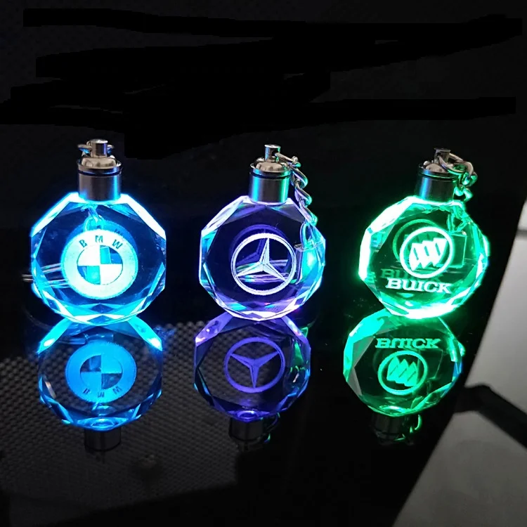 Customized 3D laser engraved car logo LED light Crystal key chain key ring promotional gift