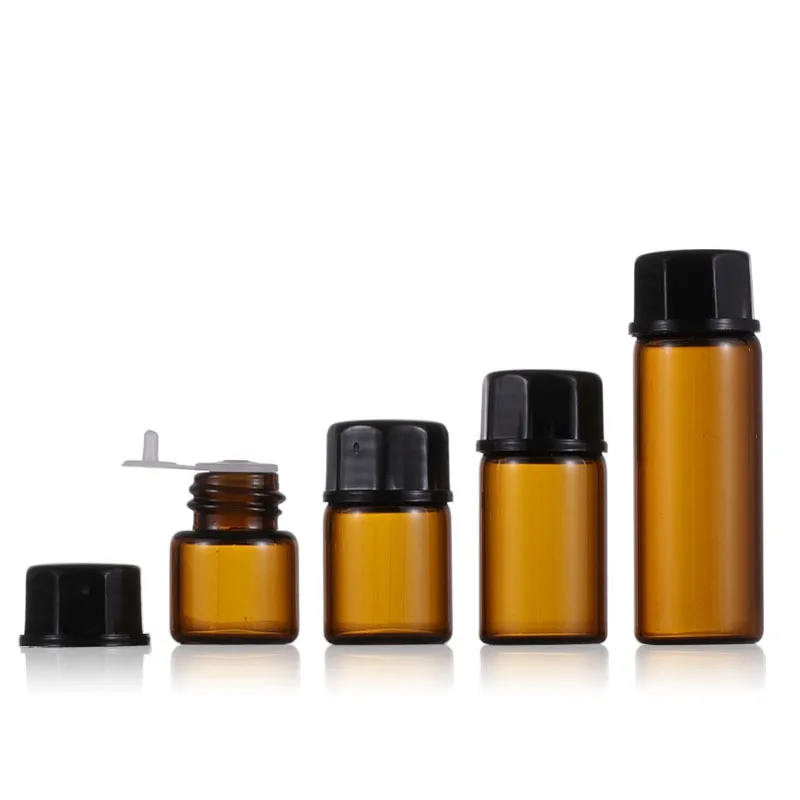1/2/3/5ml Mini Bottle Empty Glass Plastic Amber Essential Oil Bottle with Orifice Reducer Brown Vials