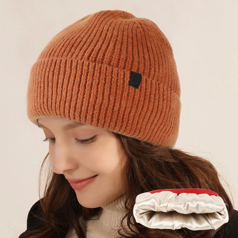 Satin Lined Beanie Custom logo Graphic Knitted Beanie Hat Blank Running Satin Inside Silked Lined Beanie
