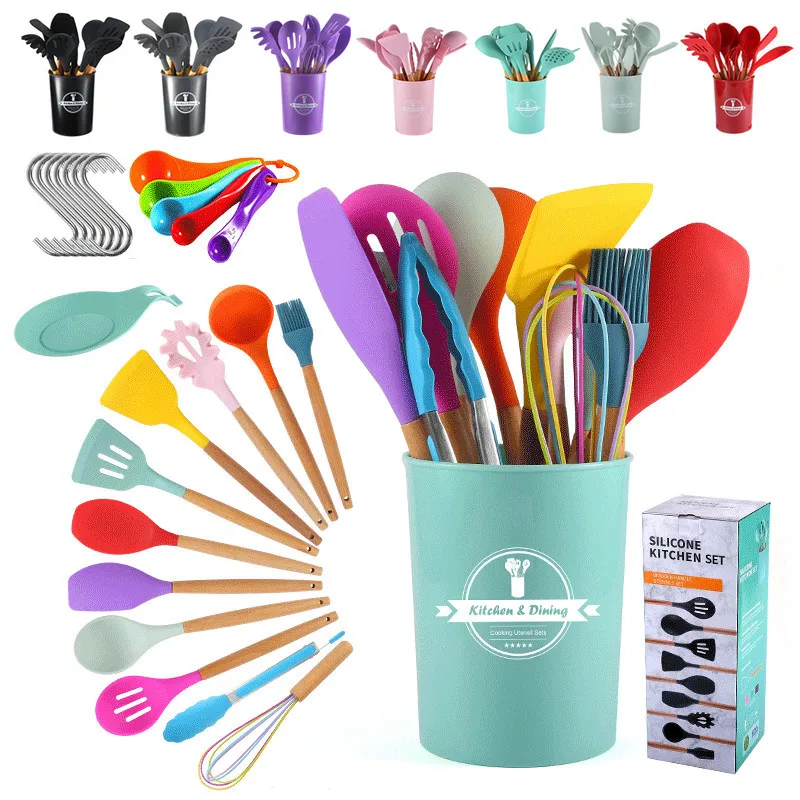 11pcs Amazon Hot Sale food safe kitchenware accessories kitchen home cooking tools silicone utensil set with wooden handle