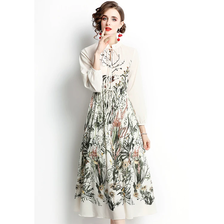 Elegant temperament pleated lace-up round neck printing long-sleeved lantern sleeves waist A-line long one-piece dress