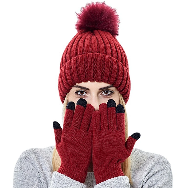 2022 New Women Winter Knit Hat Gloves 2Pcs Set Ski Cap Warm Touch Screen Mittens Girls Knit Hat Gloves Set