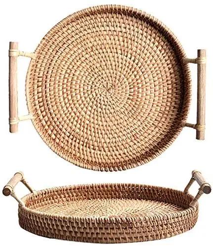 
Hand-Woven Rattan Round Serving Tray with Handles Bread Cake Pastries Basket 