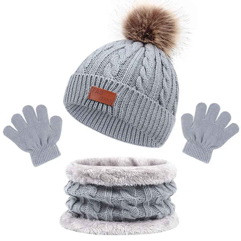 New Scarf with Baby Beanie Thicken Warm Knitted Kids Hat Cute Winter Ball Hats set