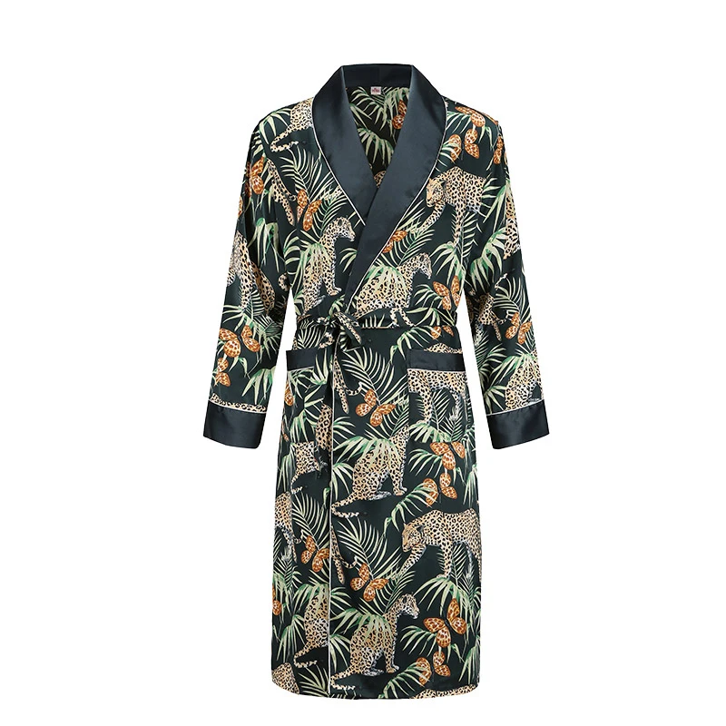 Men Mens Robe Long Sleeves Bathrobe Silky Satin Kimono Dragon Print Pajamas Bathrobe Night Dressing Gown