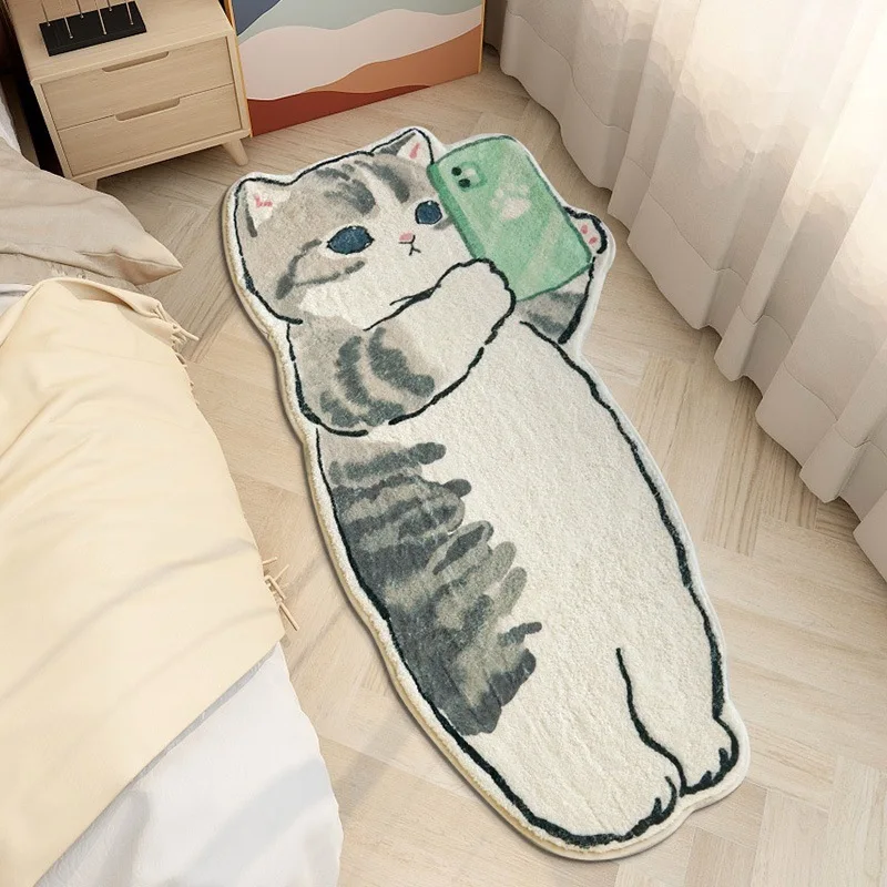Hot Polyester PVC Animal Shape Anti Dust Non Slip Bedroom Side Warm Soft Winter Carpet Mat For Children Cute Cat Cartoon Mat