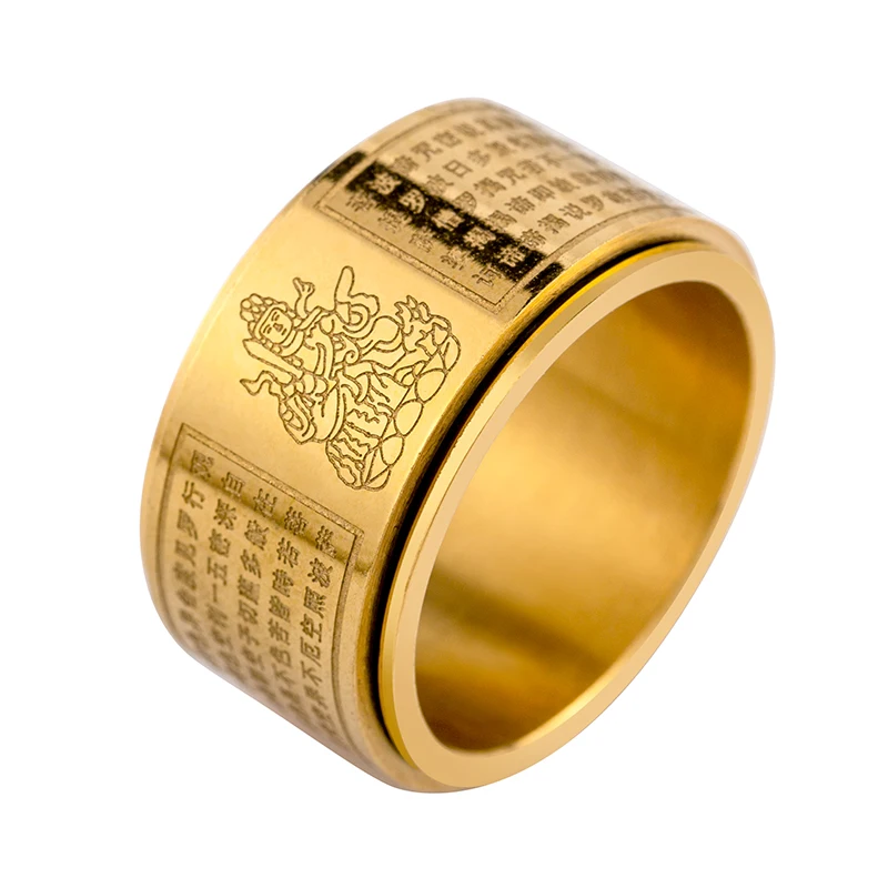 Southeast Asian Trend Personality Stainless Steel Plated 18K Gold Buddhist Heart Scripture Rings