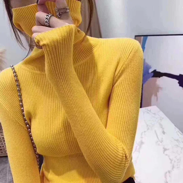 Custom Wholesale Solid Color Autumn Winter Turtle Neck Knit Sweater for Women