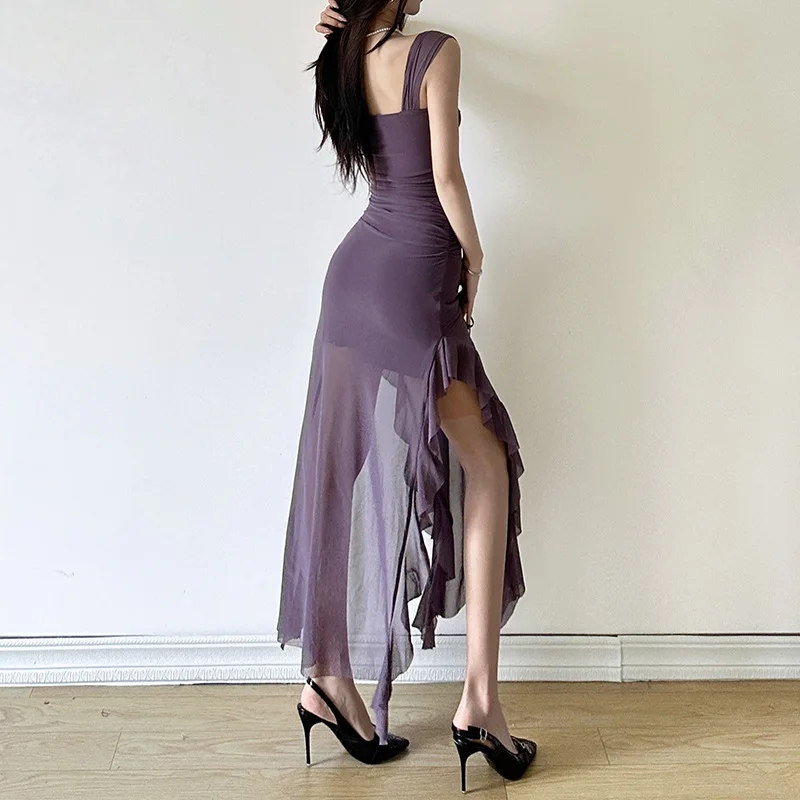 2024 summer vacation style sexy strap tube top split classic-fit chest cup long dress for women