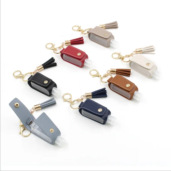 RTS PU leather 30ML tassel hand sanitizer bottle holder with keychain