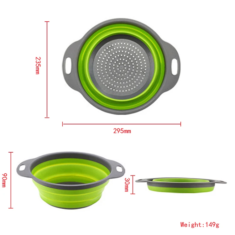 2-Pack Food Grade Round Foldable Silicone Kitchen Strainer Basket Collapsible Colander Set With Handle