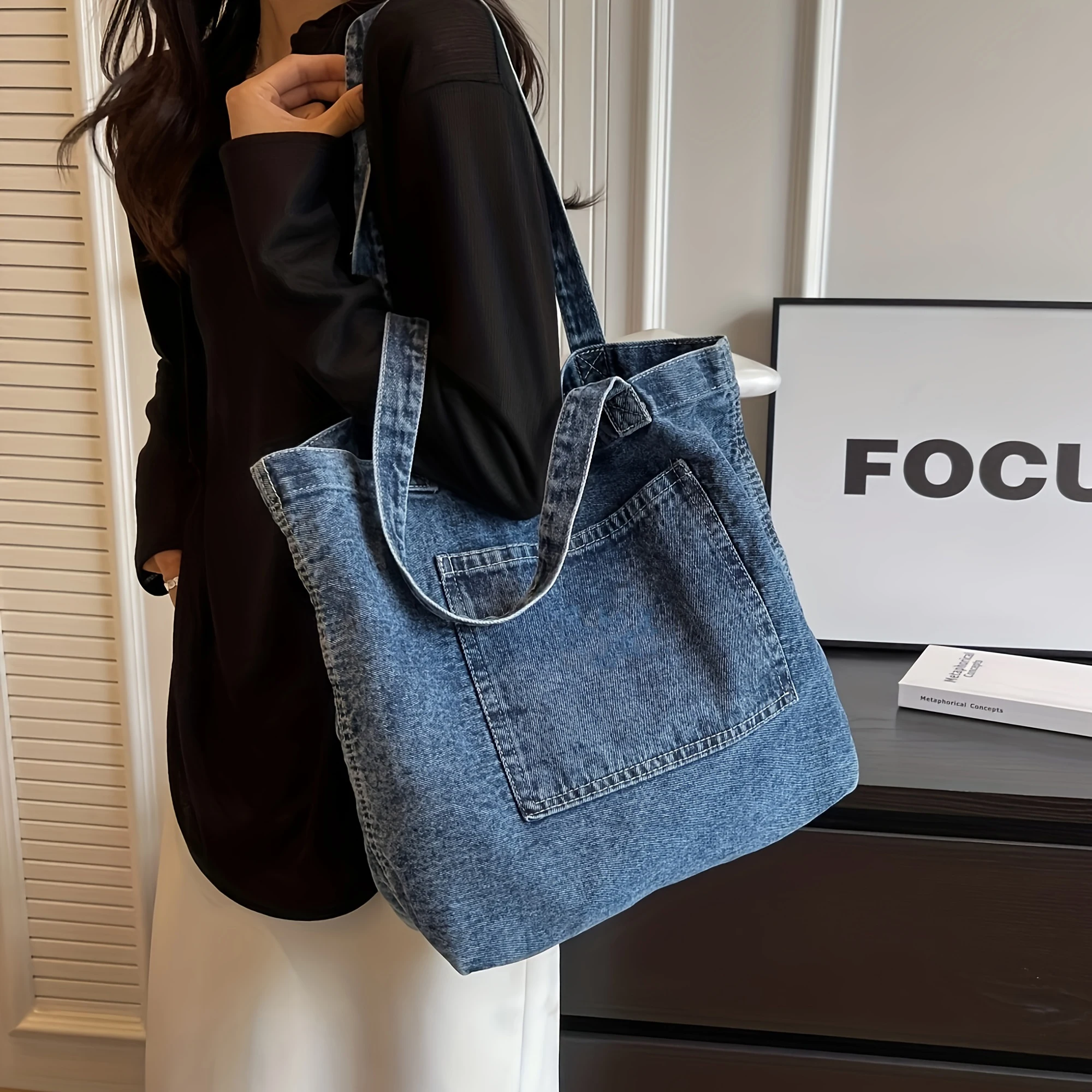 Custom Commuting Large Capacity Fashionable Shopping Jean Shoulder Denim Tote Bag