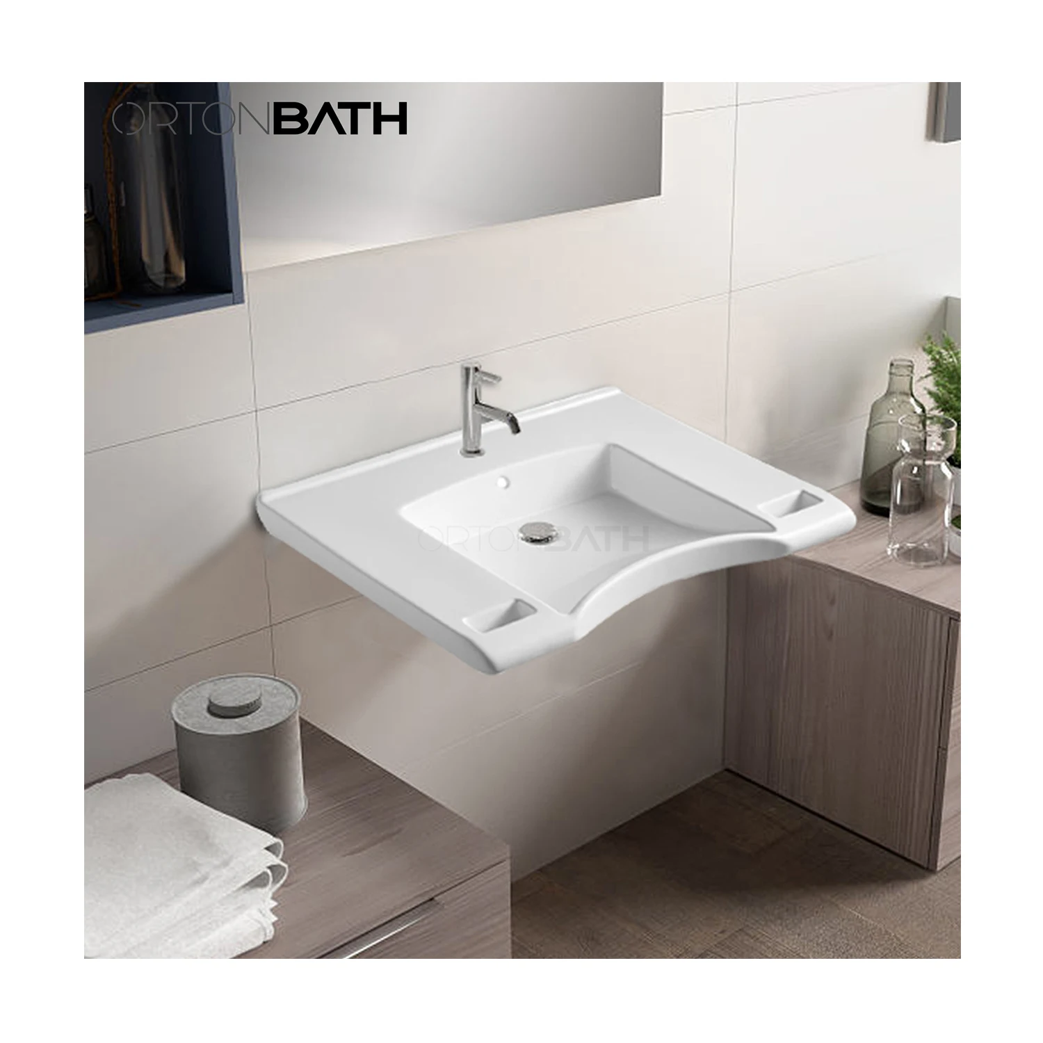 ORTONBATH ADA Compliant Ceramic Handicapped Lavatory Bathroom White Rectangle Wall Mount with grab handle Wash Basin