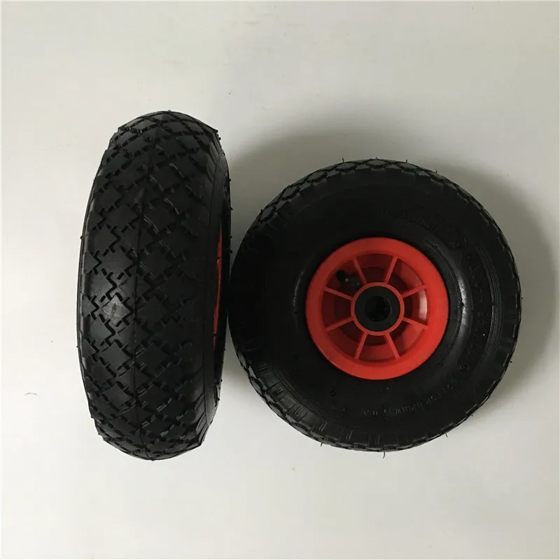 Europe Market Hot Sale 10 300 4 pneumatic rubber wheel with red plastic rim center hub hub length 75mm roller bearing 20mm