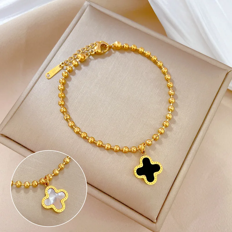 Gold Plated Ball Chain Bracelet Lucky Double-sided Stainless Steel Four Leaf Clover Bracelet for Women Girls