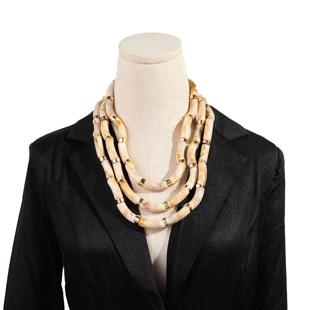 2024 Resin Shell Marble Multilayer Jewelry Gold Plated Copper Spacer Creative 3 PCS Tube Beads Bracelet Necklace Set for Women