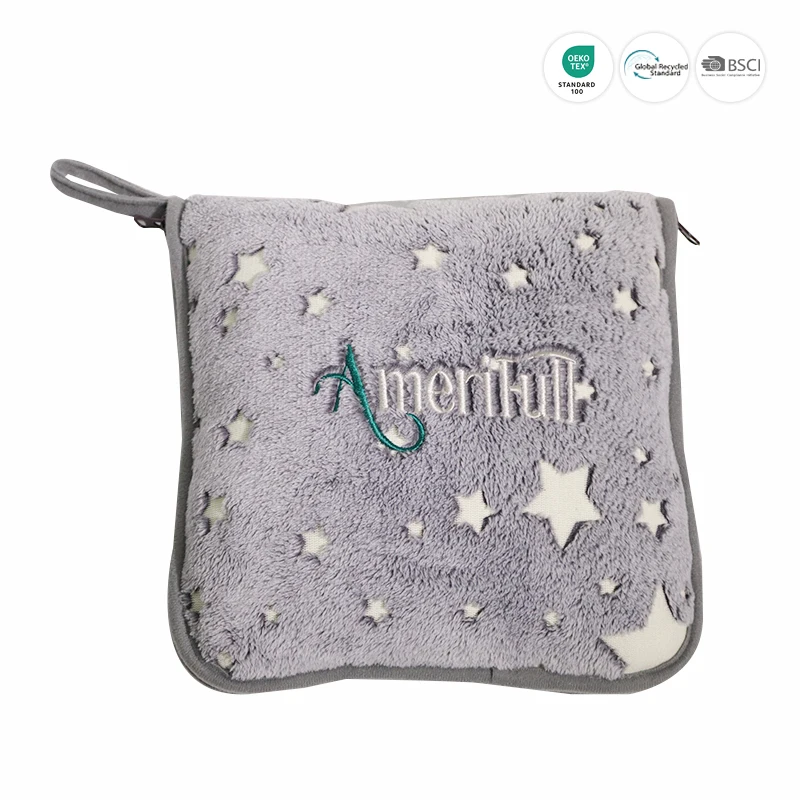 Travel Blanket and Pillow, 2 in 1 Airplane Blanket with Soft Bag Pillowcase, Hand Luggage Sleeve and Backpack Clip