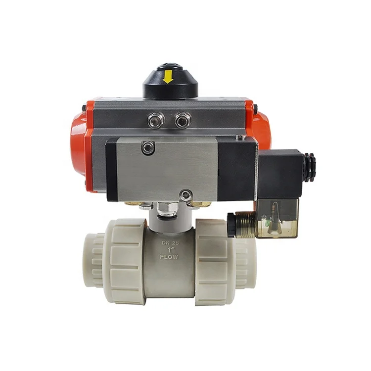 PVC 2 ways spring returned pneumatic control actuated ball valve with actuator air solenoid valve
