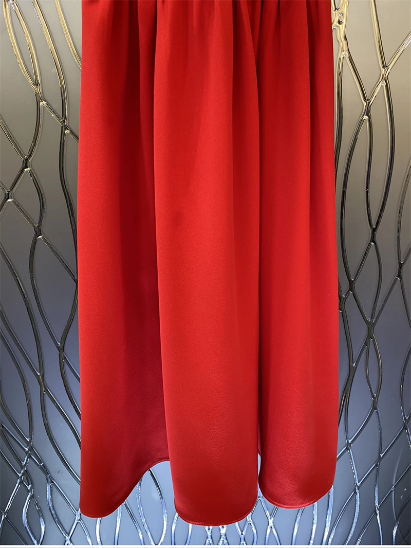 Top Quality New 2023 Spring Dress Women Bow Collar Crochet Lace Embroidery Beading Deco Short Sleeve Mid-Calf Length Red Dress