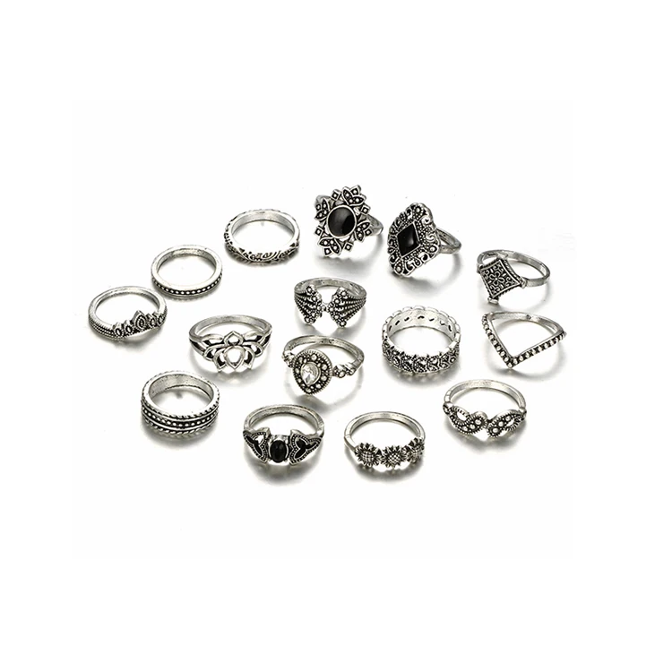 New Style Bohemian retro geometric lotus sunflower combination ring 15-piece set