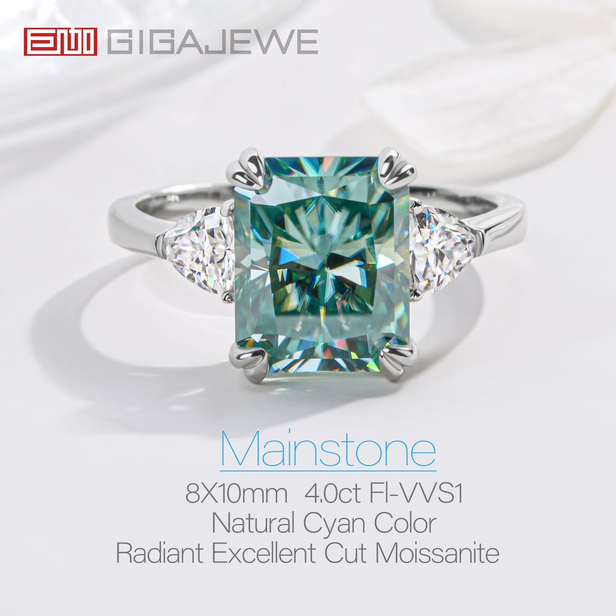GIGAJEWE 8X10mm 4.0ct Radiant Cut Natural Cyan color moissanite silver 925  ring for women gift