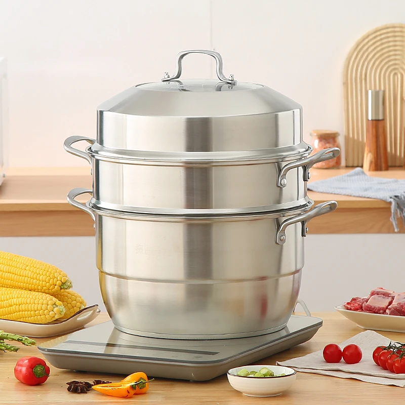 24cm Stainless Steel Steamer Pot for Cooking with 3-layer for Steaming in Family Steam Pot with Steamer Rack for Hotel