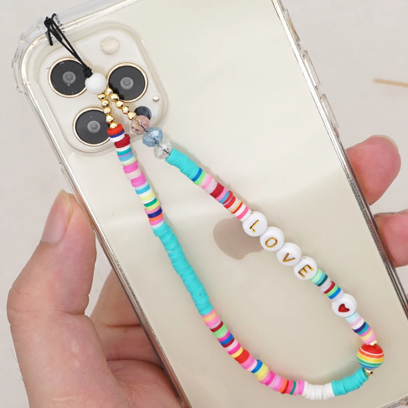 Colorful LOVE Letter Beaded Heishi Beads Polymer Clay Cell Mobile Phone Strap Chain Case Charm Holder Lanyard Bracelet Keychain