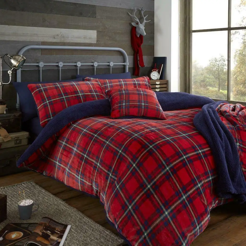 Wholesale Teddy Fleece Highland Check Duvet Cover Set Cosy Warm Soft Luxury Bedding Set