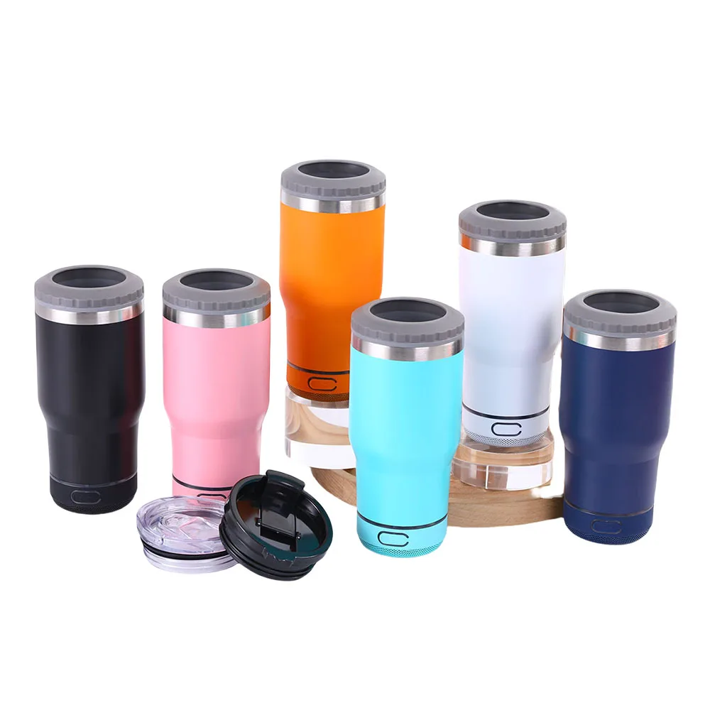 14oz Stainless Steel Smart Water Bottle Can Cooler Bluetooth Wireless Speaker Music Cup Lids Insulated Straight Tumbler
