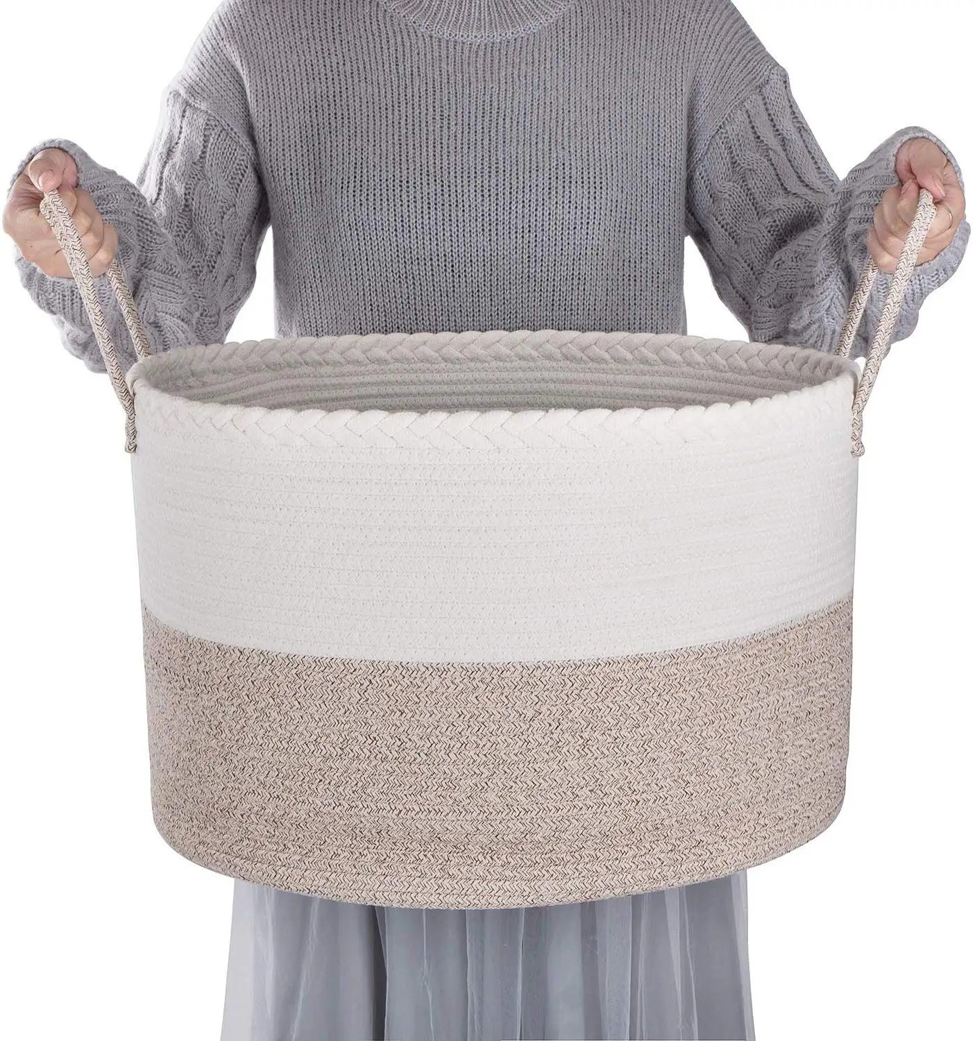 KUYUE Large Cotton Rope Storage Baskets Woven Laundry Hamper Cotton Basket with Unique Braid