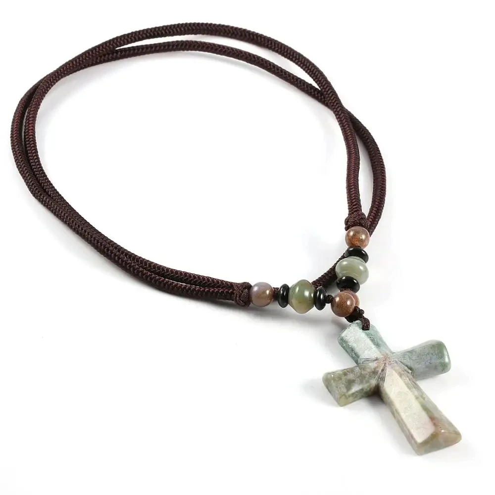 Handmade Cord String Catholic Religion Prayer Gift Natual Stone Jade Tiger Eye Cross Pendant Necklaces