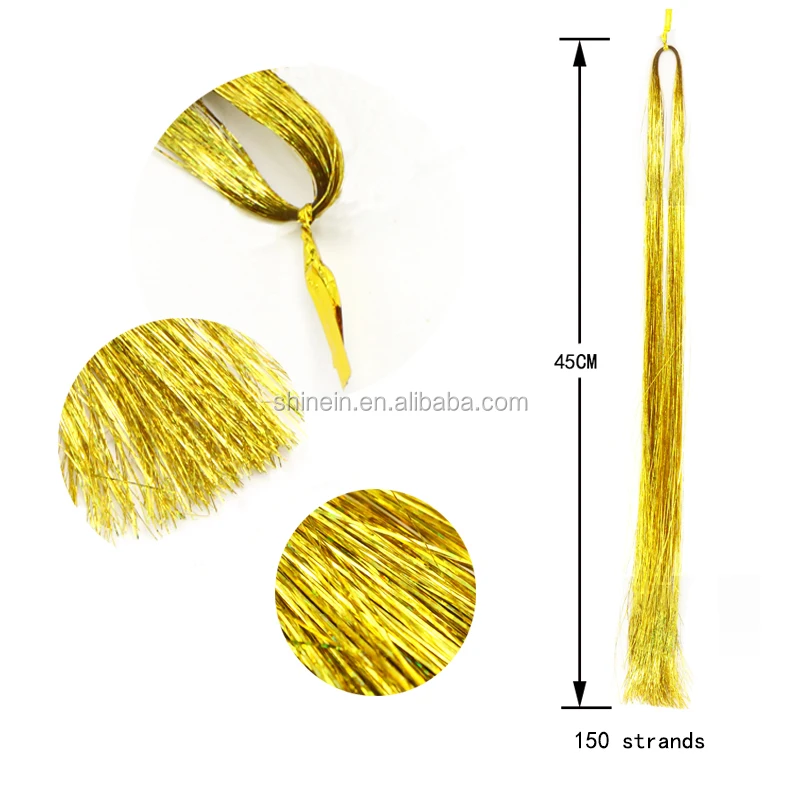 Shinein 150 Strands Straight 37' Metallic Glitter Tinsel Hair Extensions Laser Hair Tinsel Strands for Women
