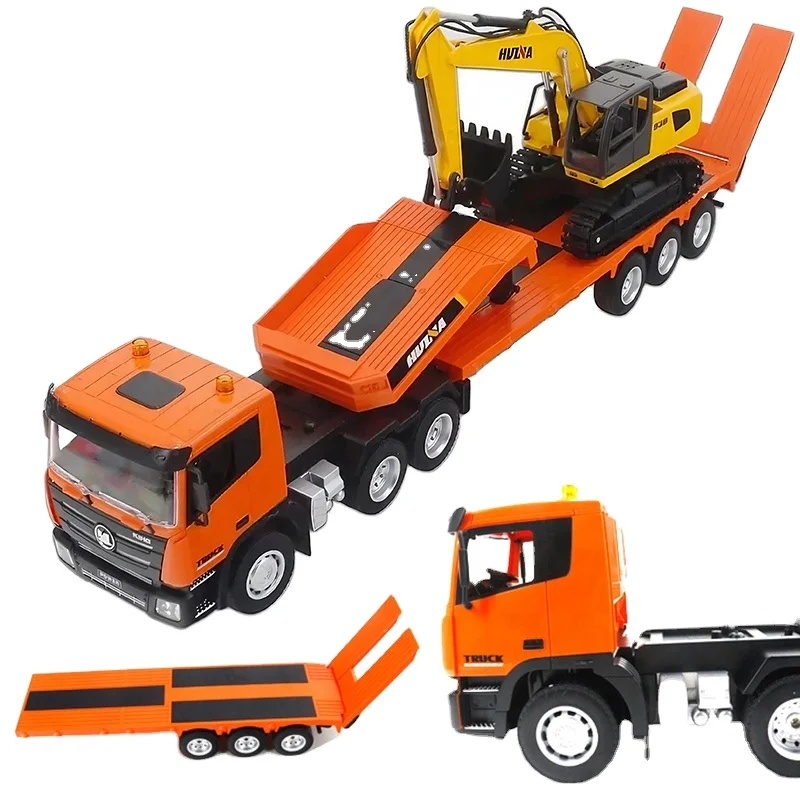 Huina 2 In 1 Led Lights 9CH Alloy Demo Simulation Electric RC Tractor Trailer Truck with Excavator Hobby Toy