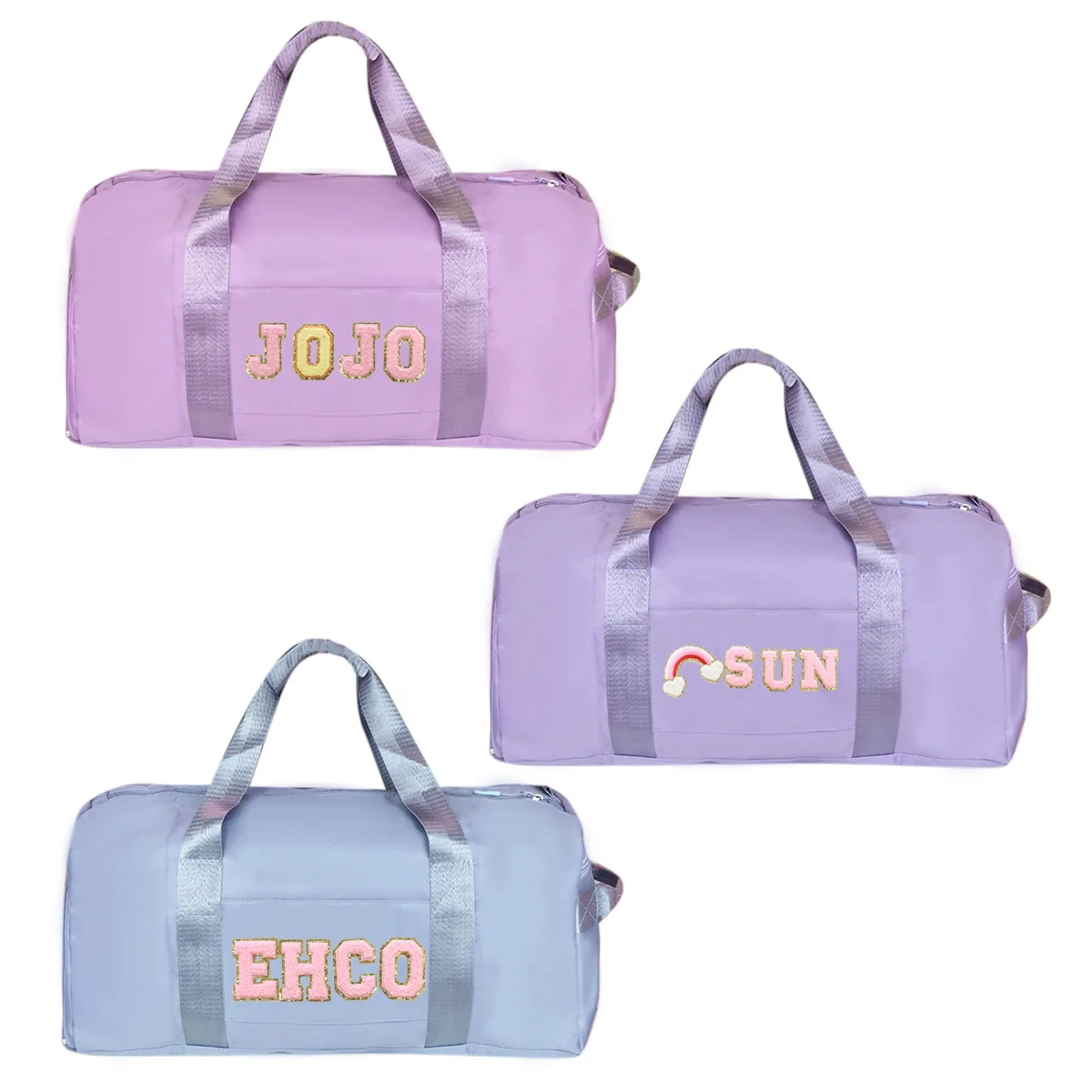 DIY Custom Nylon Portable Bucket Travel Bag pink Waterproof Layer Sports Fitness Duffle Bag With Letter Pattern Stickers