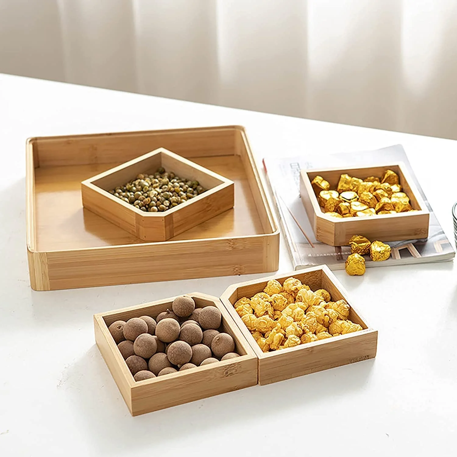Custom High-quality square Bamboo Candy and Dried Fruit Tray Snack Storage Box Wood Boxes