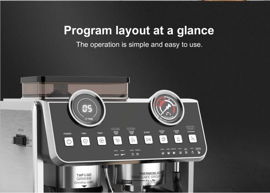 2024 New Arrival Hot selling 20 bar ULKA pump 1500W with pressure gauge,with time display Semi-automatic coffee machine