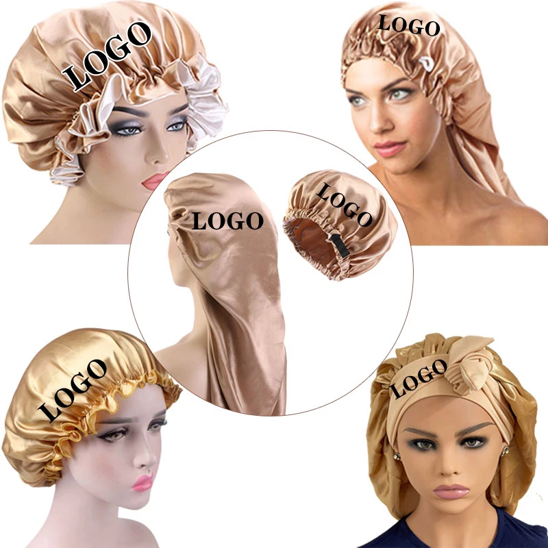 2021 Custom Logo Luxury Adjustable Braid Headbands Women Designer Satin bag hair stain Bonnets