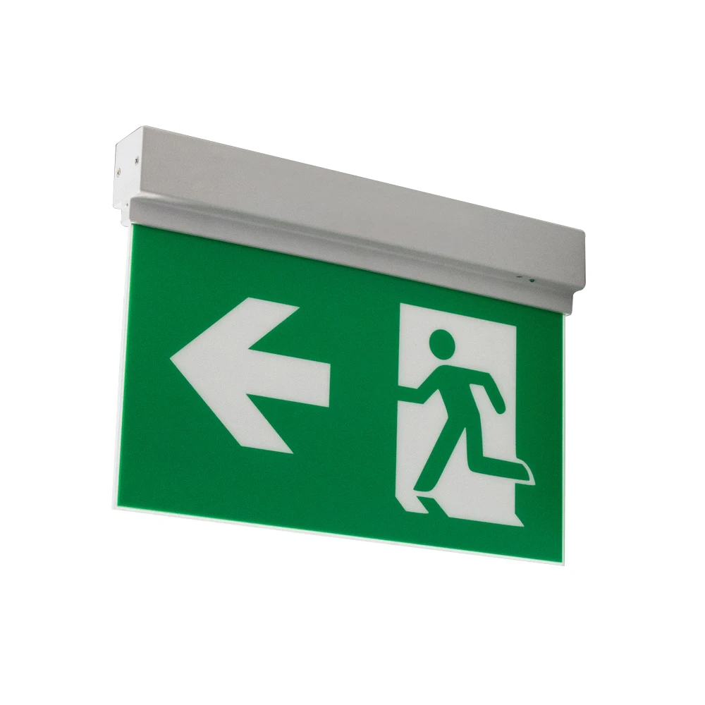 Double-Sided LED Emergency Fire Exit Sign with Wire Suspension Kit for ceiling mounting.