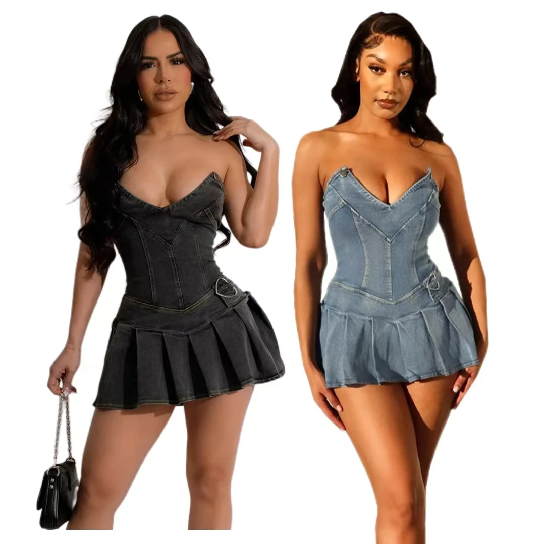 Stretch Short Denim Dresses Spicy Girl Knitted Y2k Dress Street Wear Summer Pleated Mini V Neck Strapless Jeans Dress